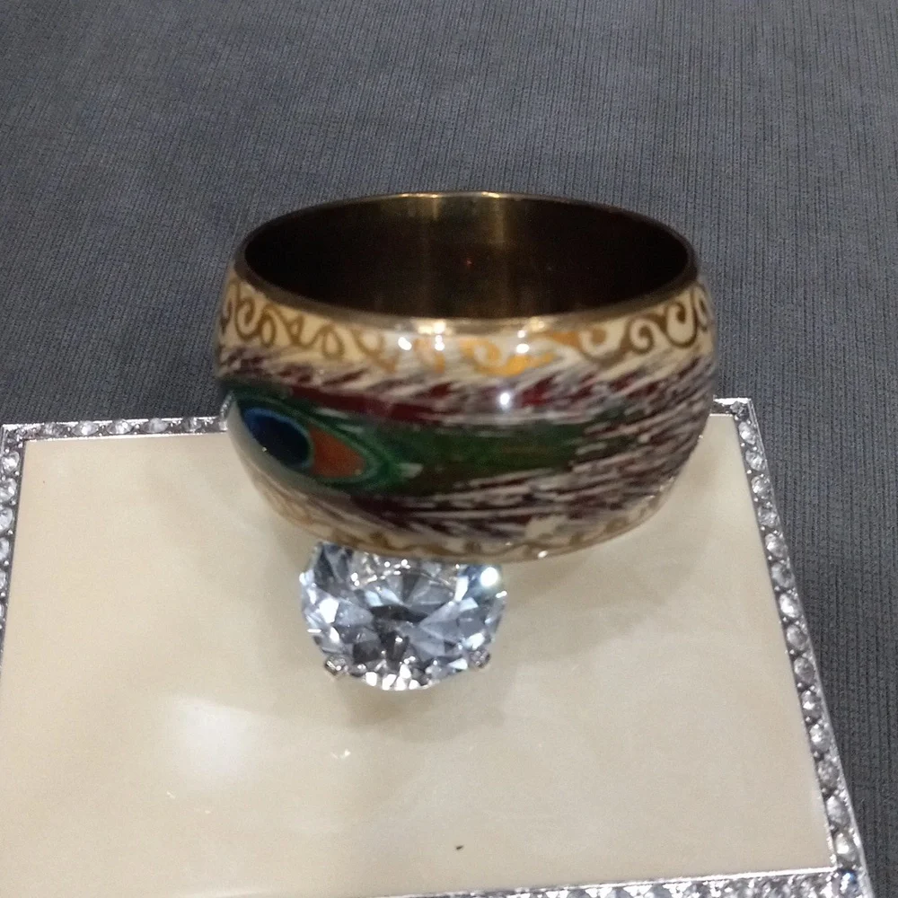 Vintage Peacock Feather Brass & Cloisonné Chunky Bangle Bracelet Boho